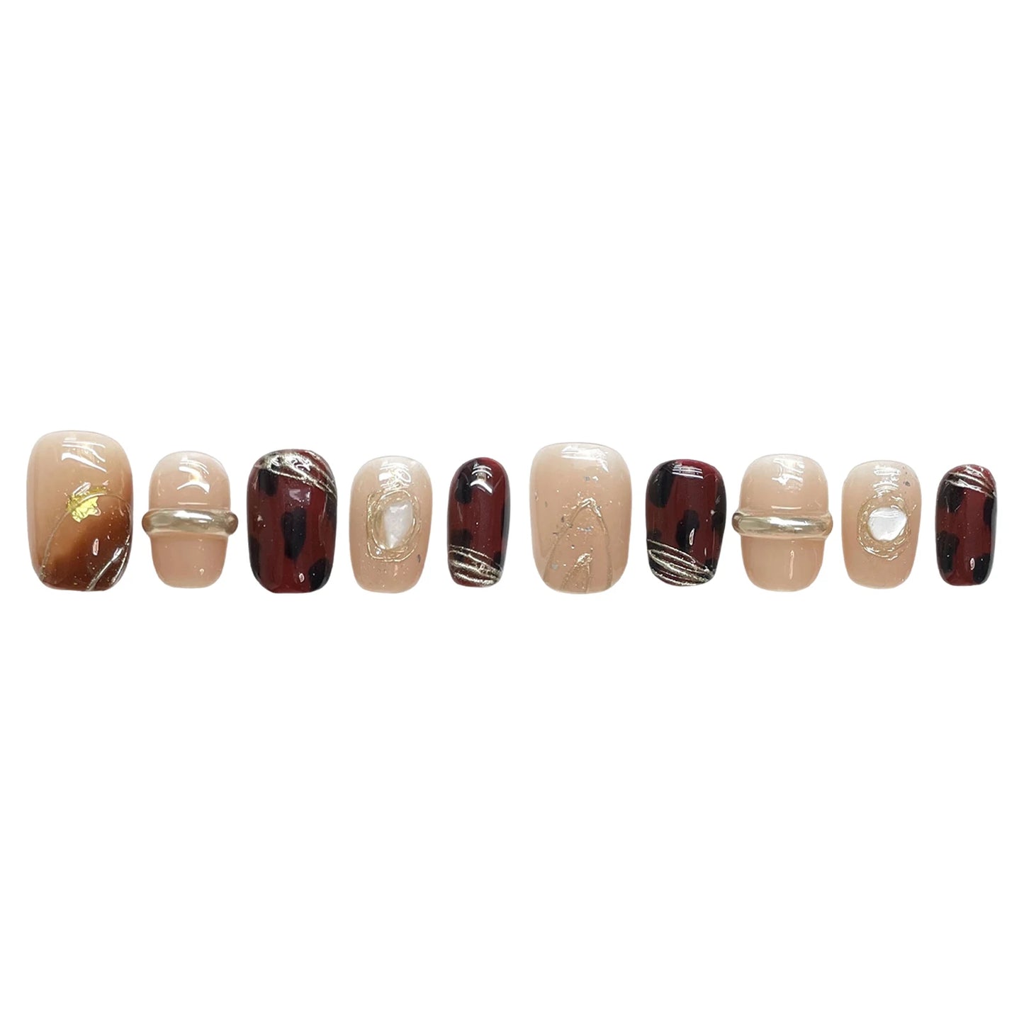 Amber Press On Nails With Gold Dust Handmade Brown Color Nails Short Round Fake Nail