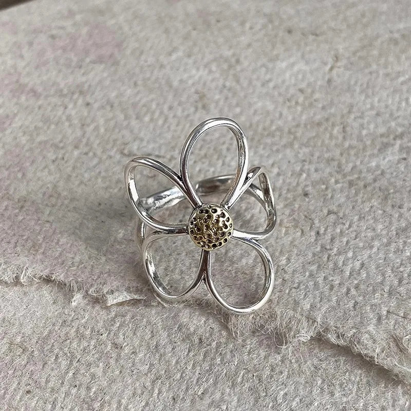 925 Sterling Silver Rings for Women Couple Minimalist Handmade Simple Big Flower Ring Party Jewelry Gift