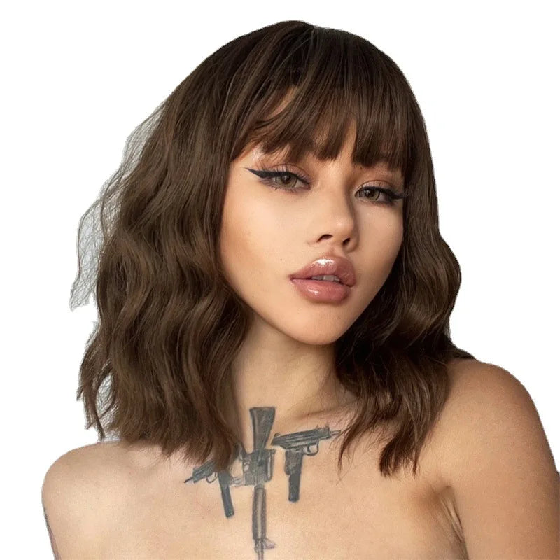 Fashion wig Women's mid-length curly hair air bangs Burgundy shoulder length corn perm synthetic fiber wig set