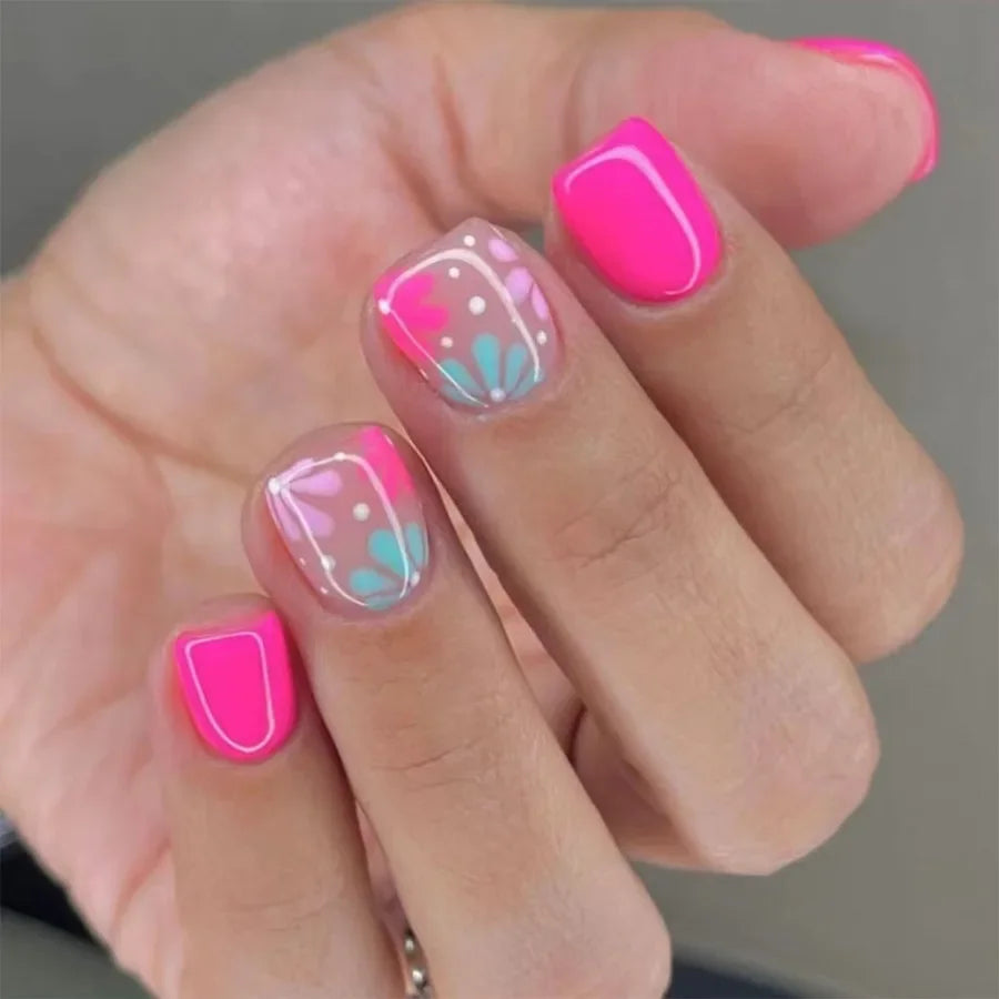 24Pcs Short Almond Press-On Nails Pink Floral French Tip Glossy&Elegant Full Cover Fake Nails