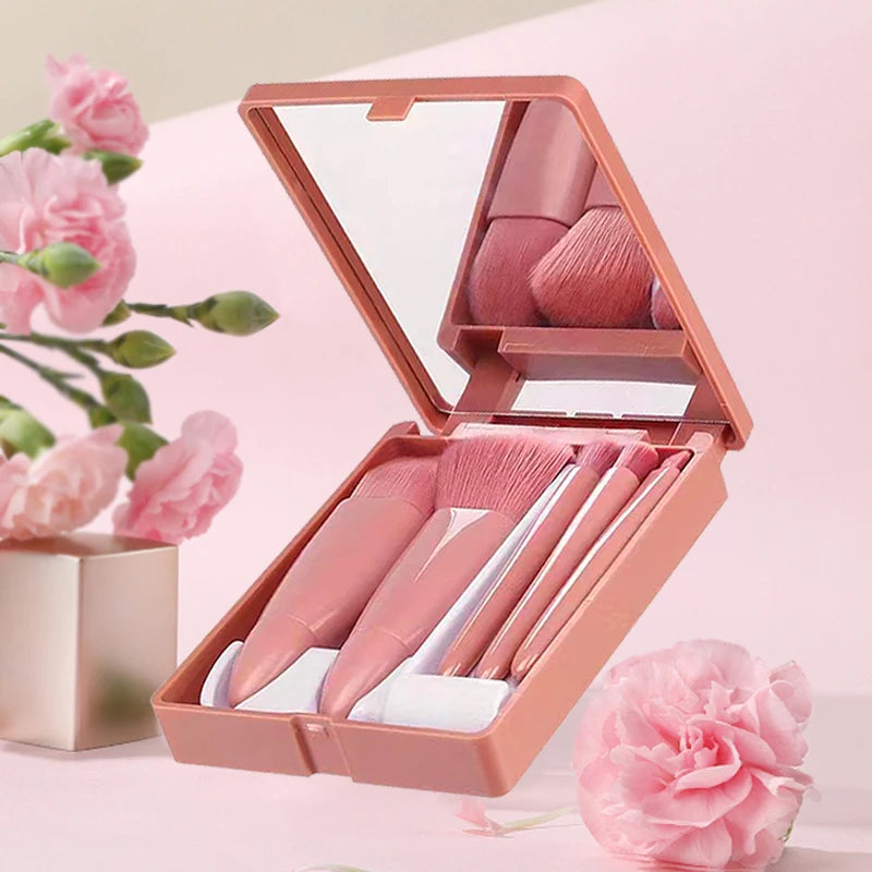 5 PCs Cosmetic Brush Portable Makeup Brush Travel With Mirror Box Makeup Set Brush Loose Brush