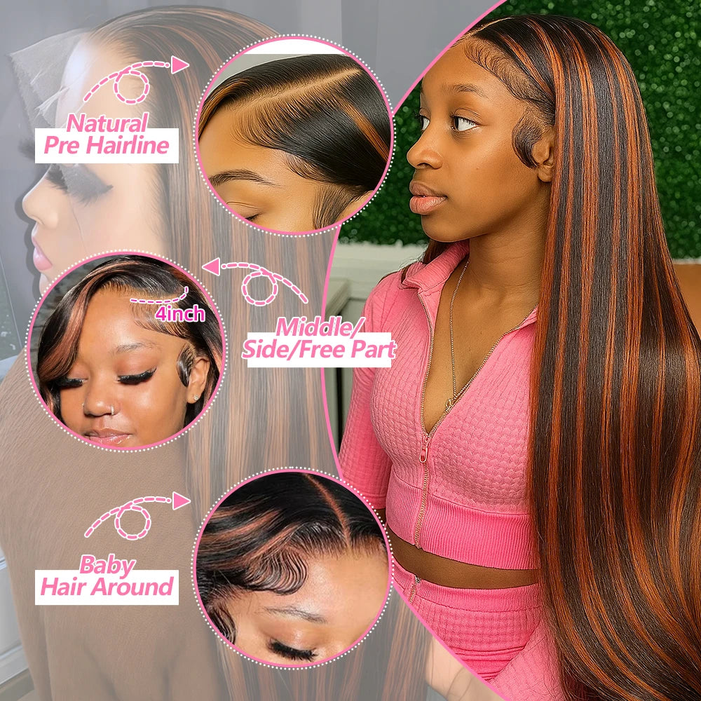 1B/30 Highlight Omber Brown Colored Wigs Human Hair 30 Inch High Density 13x4 Bone Straight Hd Lace Front Wig Human Hair On Sale