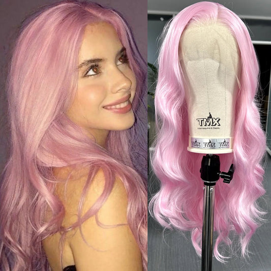 Long Pink Wavy Wigs for Women Synthetic Hair Free Part Body Wave Natural Curly Pastel Pink Colored Wigs