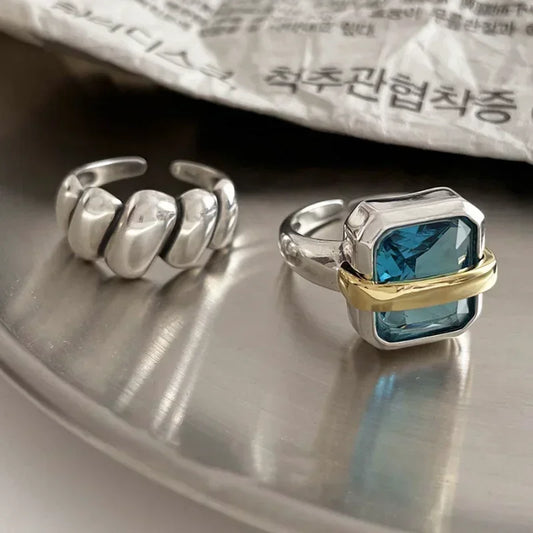 Vintage Blue Zircons Engagement Rings for Women Large Square Adjustable Rings Couples