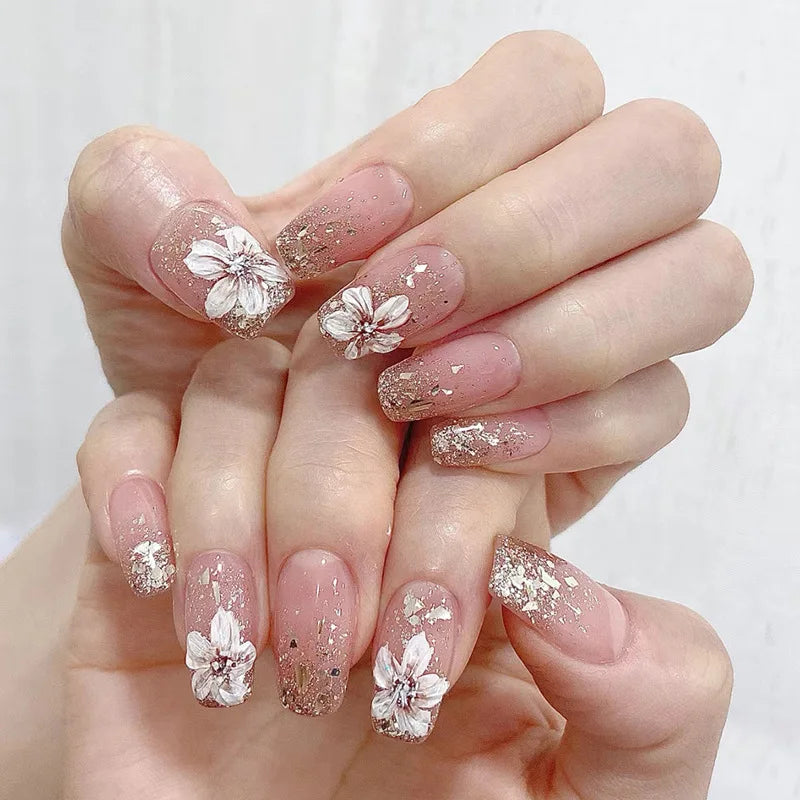 24Pcs Short Almond Press-On Nails Pink Floral French Tip Glossy&Elegant Full Cover Fake Nails