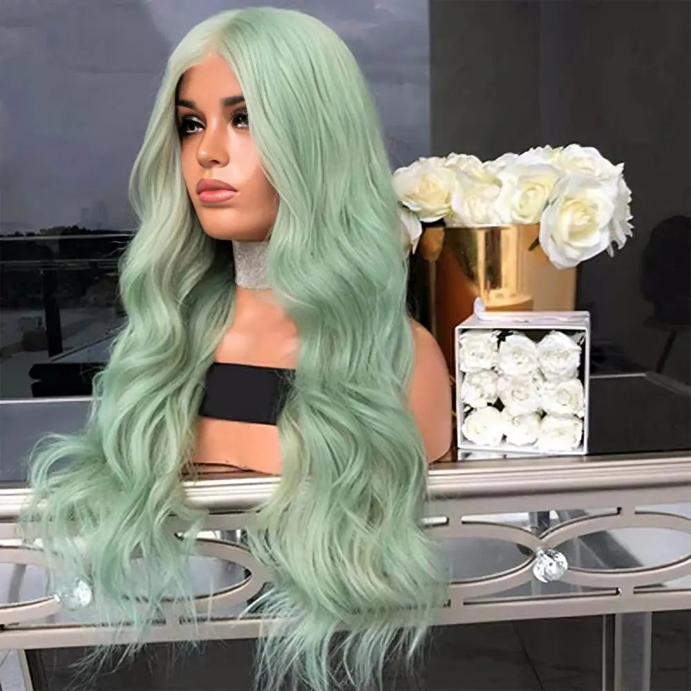 FANXITION Long Light Green Synthetic Hair Loose Wave Cosplay Party Wigs for Black Women Natural Hairline Daily Wear Wigs