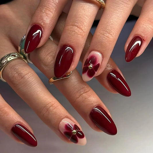 24pcs Red Flower Press on Nails Fashion Retro Red Almond False Nails Ins Simple Wearable Reusable Fake Nails for Women