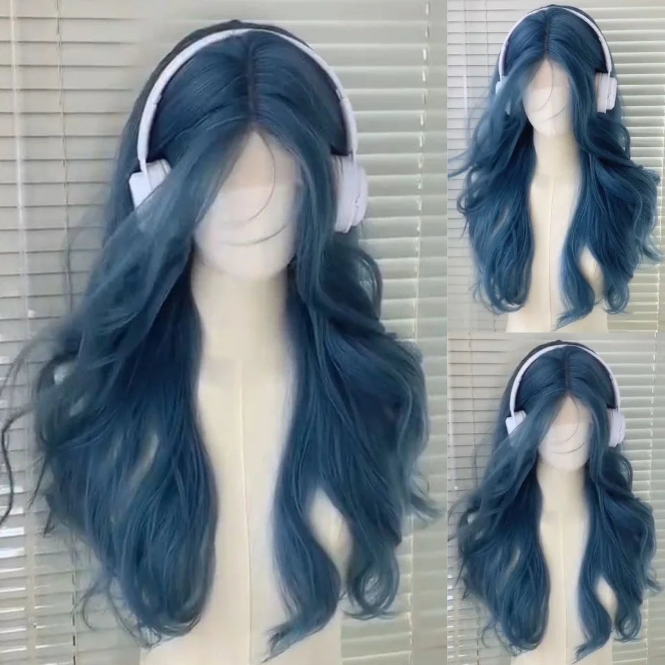 Long Curly Wave Wig with Bangs Blonde Biue Colorful Cosplay Wig for Women
