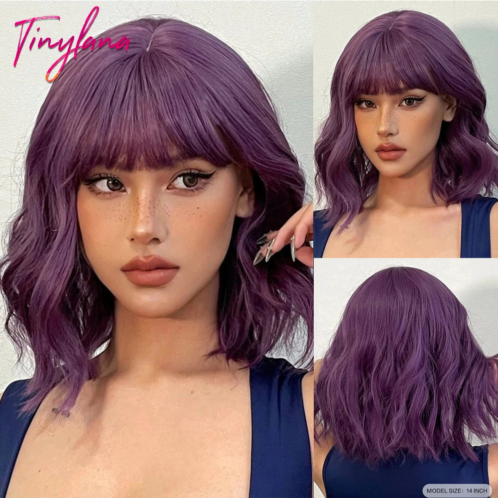 Curly Pink Purple Mixed Blue Wavy Synthetic Wigs with Bangs Short Bob Colorful Cosplay Wig