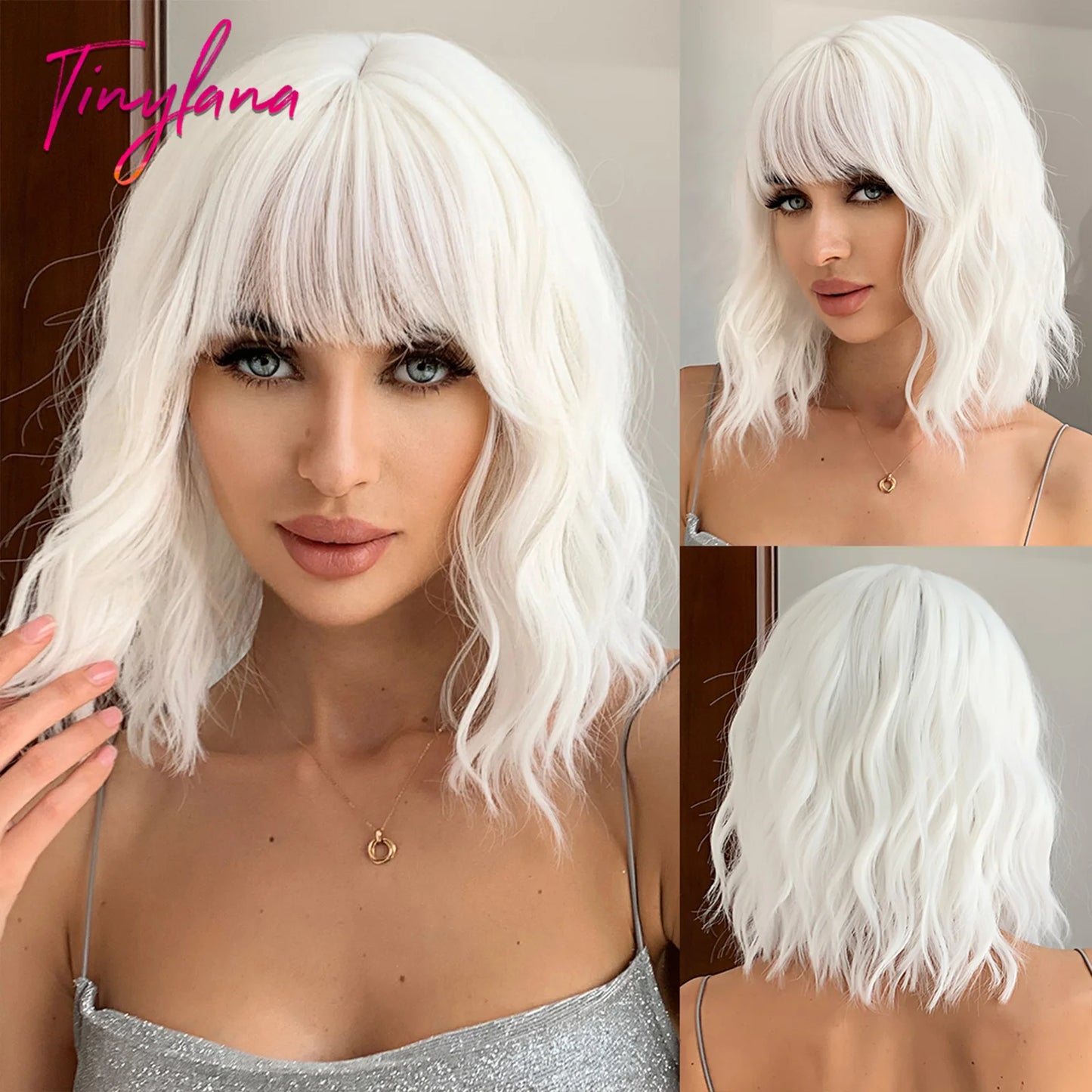 Curly Pink Purple Mixed Blue Wavy Synthetic Wigs with Bangs Short Bob Colorful Cosplay Wig