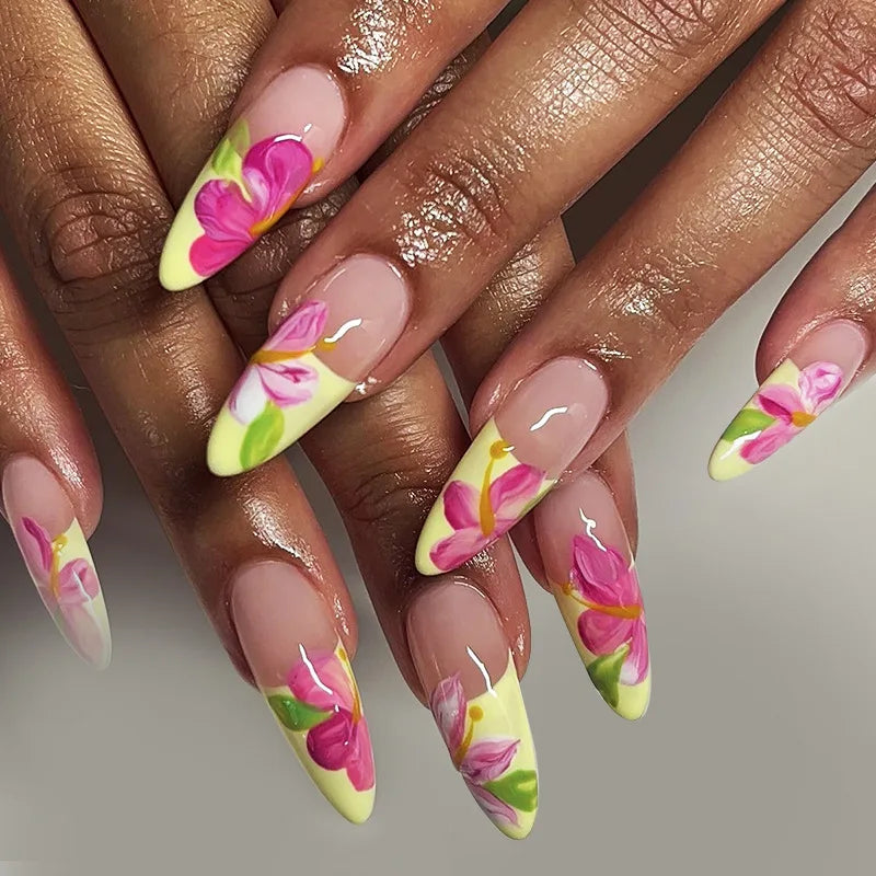 24Pcs Short Almond Press-On Nails Pink Floral French Tip Glossy&Elegant Full Cover Fake Nails