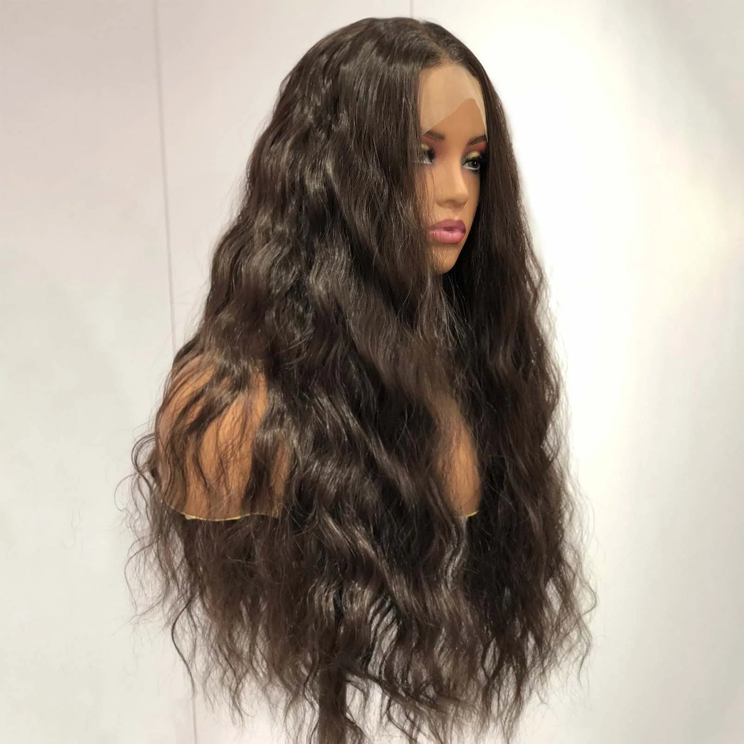 Dark Brown Wig Natural Wavy Synthetic Hair 13X4 Lace Front Wig Brunette Colored Deep Wave