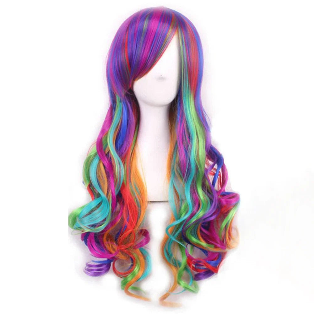 Synthetic Long Curly Ombre Rainbow Color Cosplay Wig with Bangs Purple Green Blue Lolita Wigs
