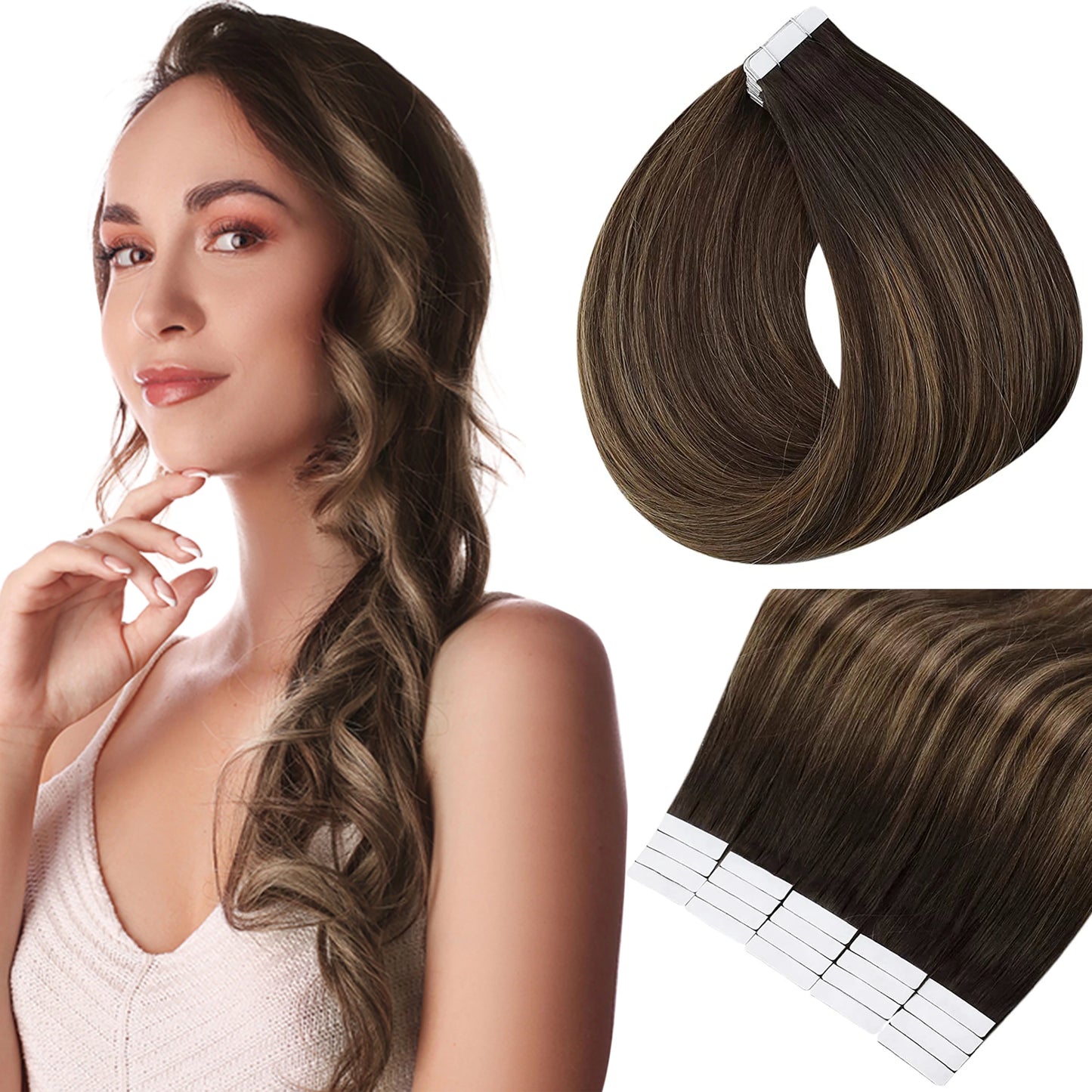 Full Shine Tape in Human Hair Extensions 100% Remy Natural Human Hair Extensions Tape in Omber Blonde Hair Extensions for Women