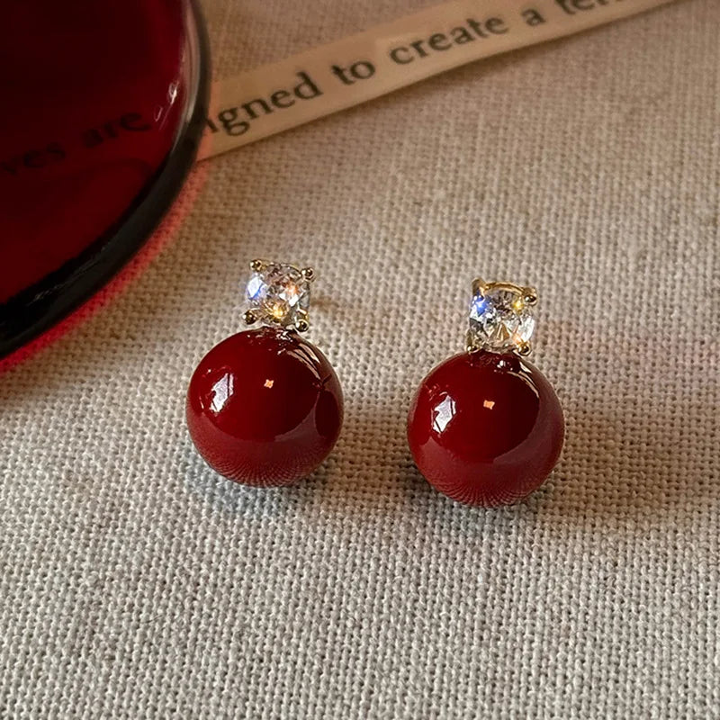 Delicate Red Round Bead Earrings Women's Fashion Inlaid Zircon Earrings Sweet Geometry Earrings