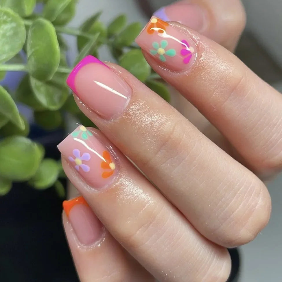 24Pcs Short Almond Press-On Nails Pink Floral French Tip Glossy&Elegant Full Cover Fake Nails