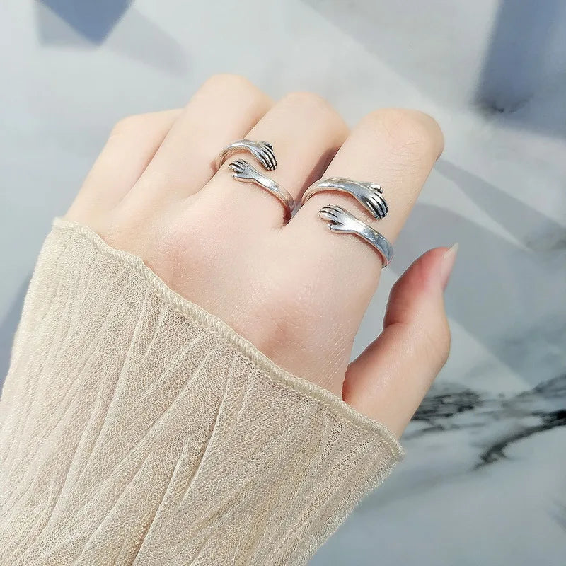 Romantic Love Hand Hug Rings For Women Silver Plated I love U Forever Opening Finger Ring