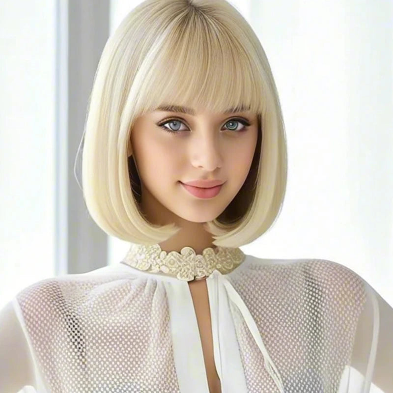 Luxurious 12” gold,color bangs synthetic wig with elegant, voluminous texture for everyday