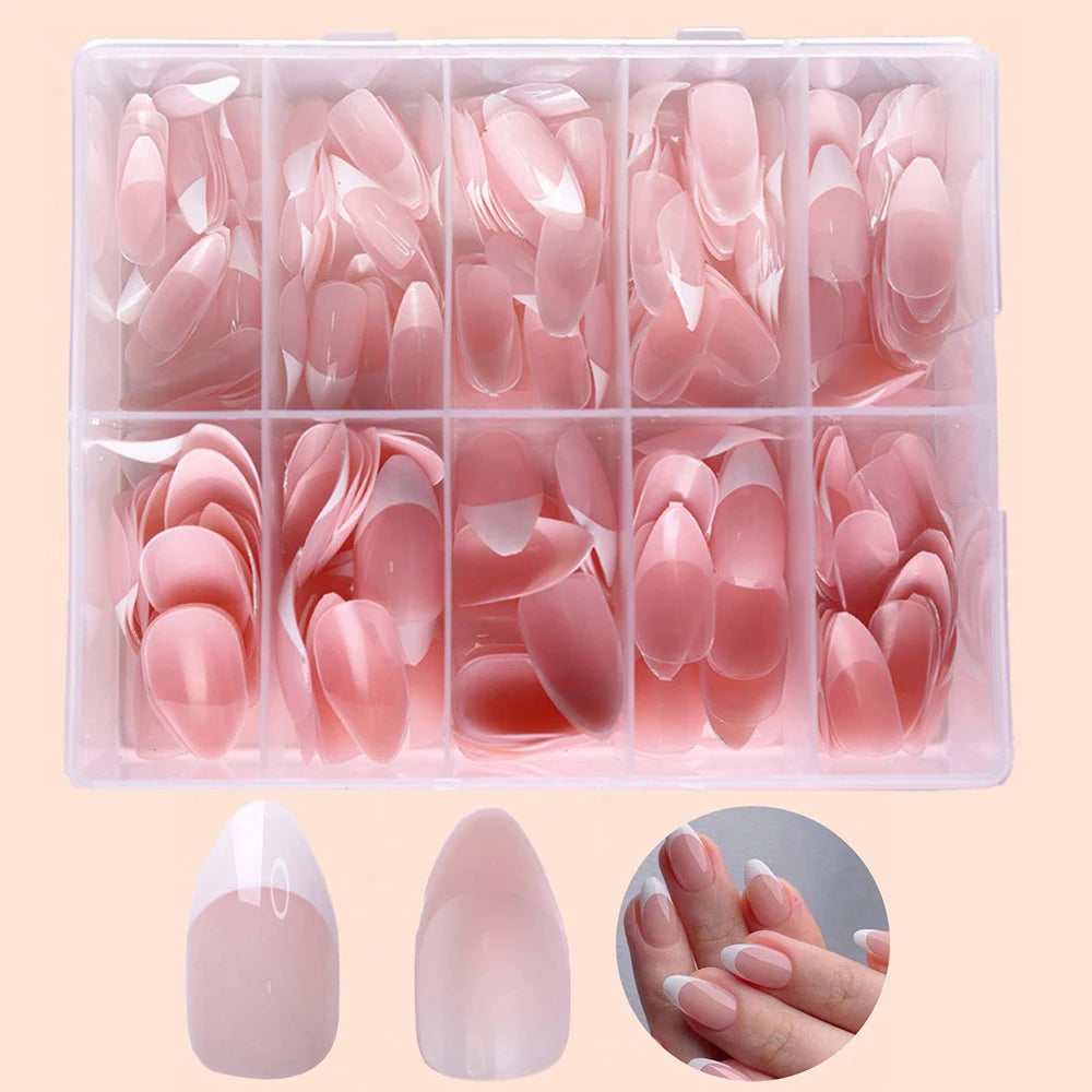 360/150pcs/box Nude Pink Almond French False Nails White Tip Design Short Wearing Fake Nails