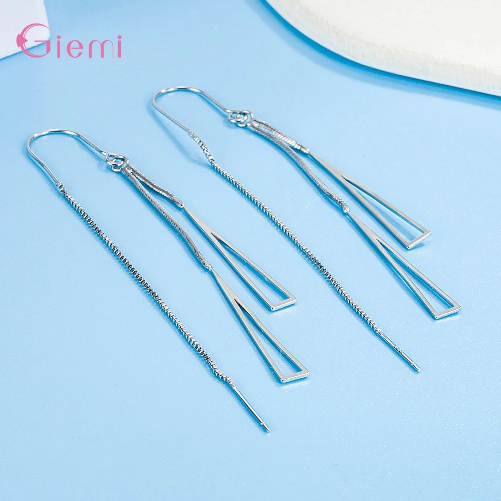925 Sterling Silver Earrings Fashion Jewelry Simple Geometric Tassel Long Box Chain
