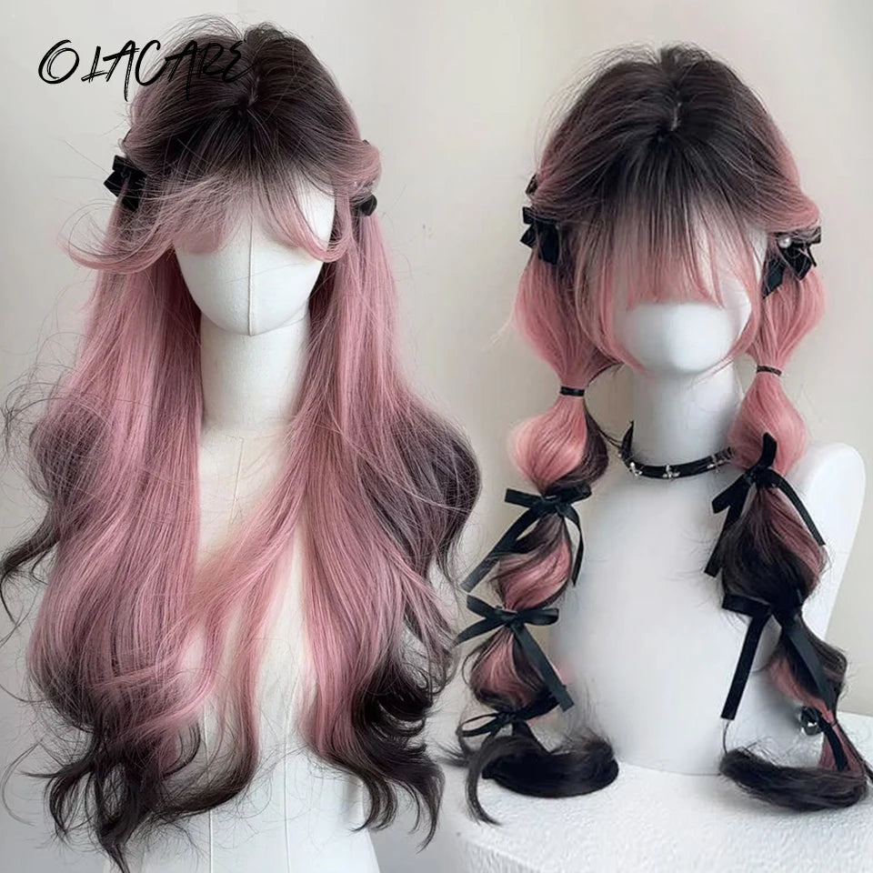 Long Curly Wave Wig with Bangs Blonde Biue Colorful Cosplay Wig for Women