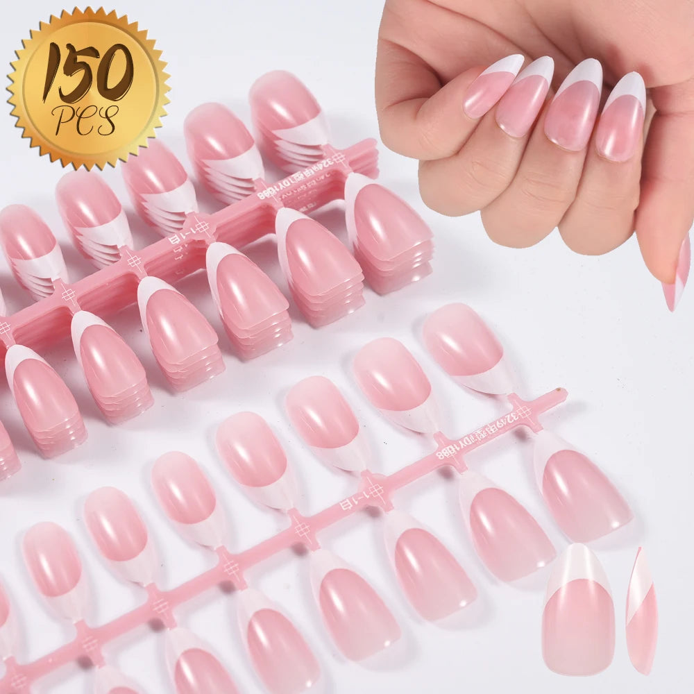 360/150pcs/box Nude Pink Almond French False Nails White Tip Design Short Wearing Fake Nails