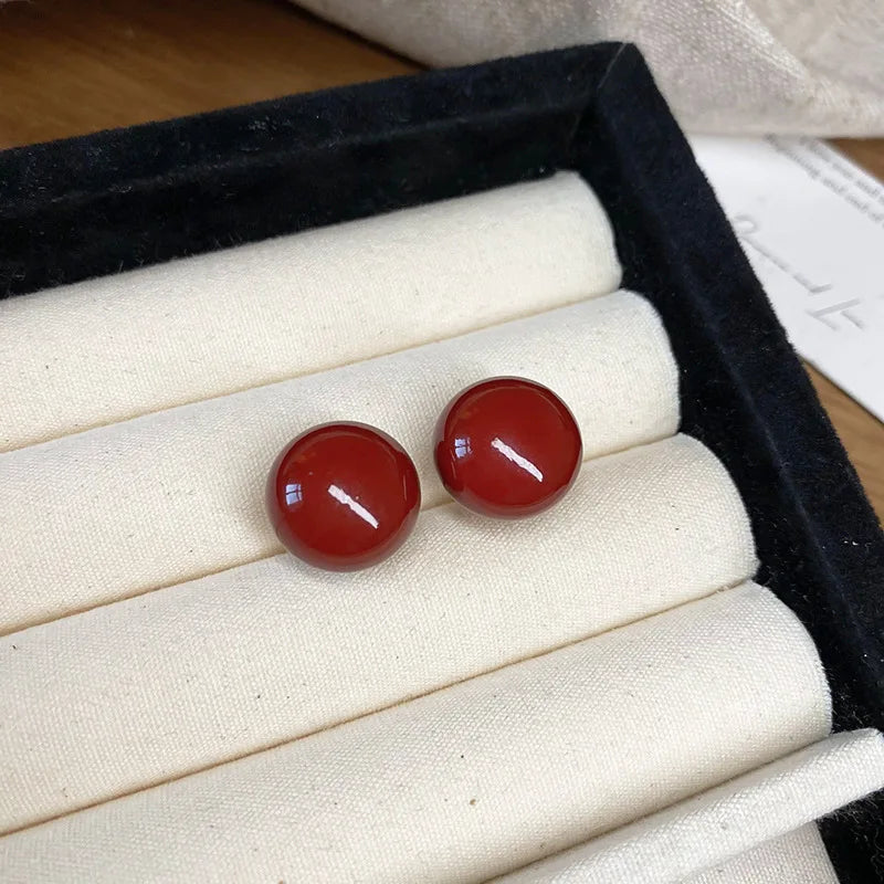 Delicate Red Round Bead Earrings Women's Fashion Inlaid Zircon Earrings Sweet Geometry Earrings