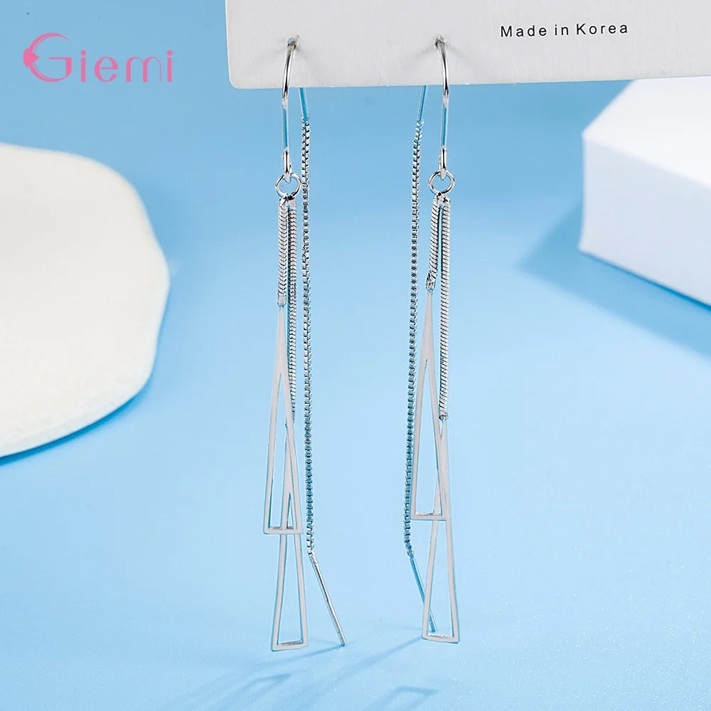 925 Sterling Silver Earrings Fashion Jewelry Simple Geometric Tassel Long Box Chain