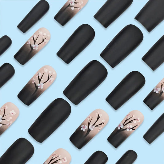Square Fake Nails for Women DIY Pink Plum Blossom Designs French Press On Nails Wearable Full Cover