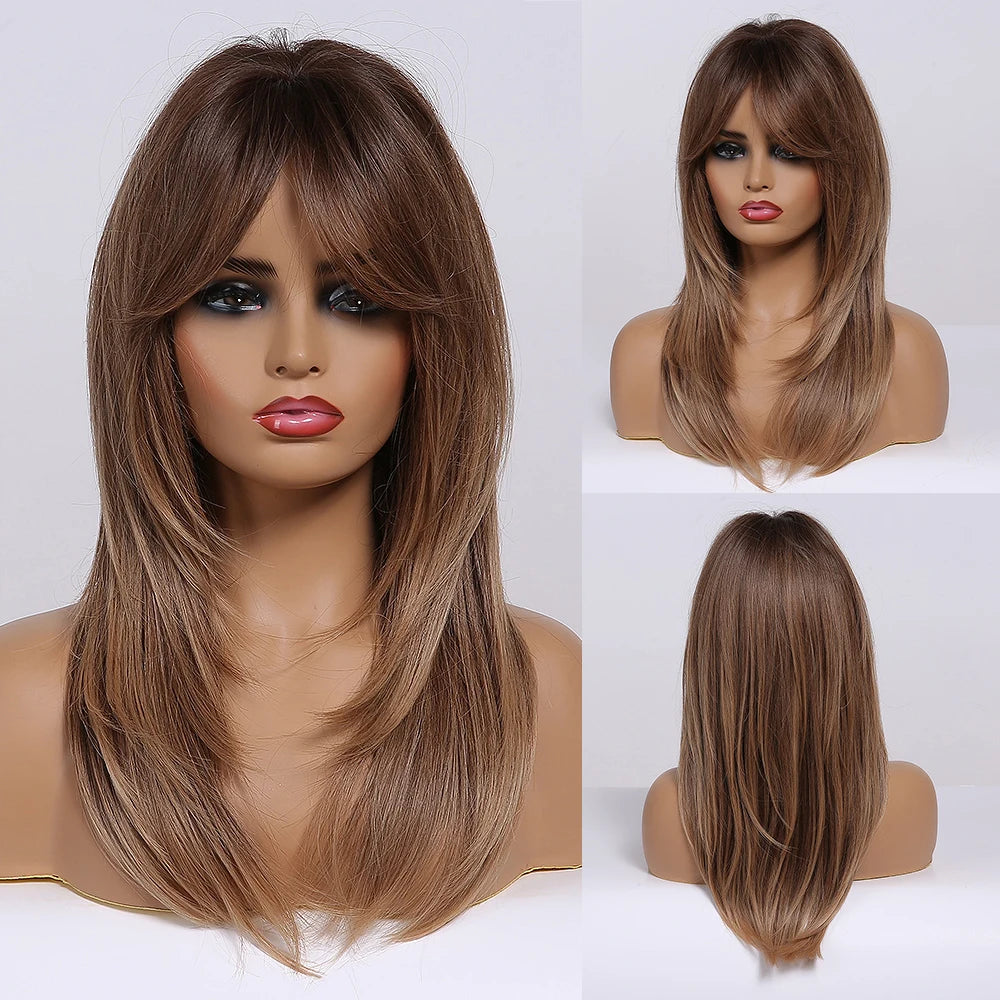 ALAN EATON Long Blonde Wigs for Women Synthetic Hair Wig with Fringe Ombre Color with Dark Roots Layered Wigs Heat Resistant
