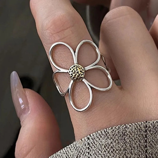 925 Sterling Silver Rings for Women Couple Minimalist Handmade Simple Big Flower Ring Party Jewelry Gift