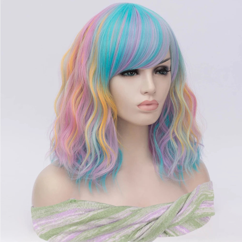MSIWIGS Synthetic Hair Short Curly Mixed Rainbow Color Fake Hair Purple Blue With Blonde Red Highlight Bob Wig