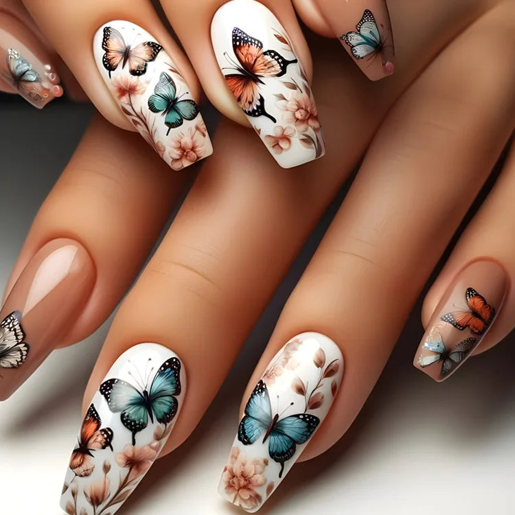 24pcs/set Medium long fake nails for women Spring summer flowers butterfly bee design faux ongles tips
