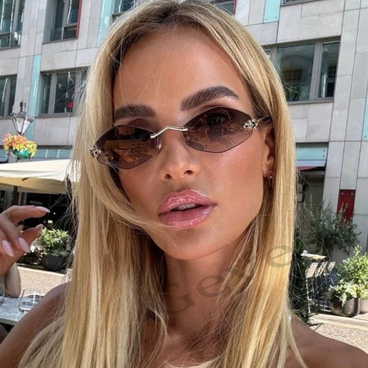 Fashion Small Polygonal Sunglasses for Women Luxury Brand Rmless Brown Rhombus Sun Glasses