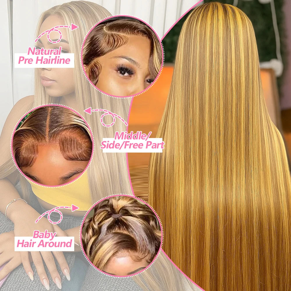 P4/27 Highlight Omber Blonde Colored Wigs Human Hair 30 Inch High Density 13x4 Bone Straight Lace Front Wig Human Hair Brazilian