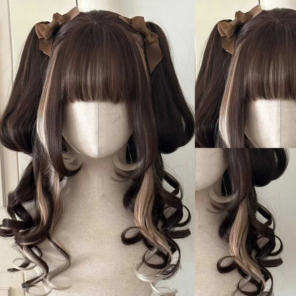 Long Curly Wave Wig with Bangs Blonde Biue Colorful Cosplay Wig for Women