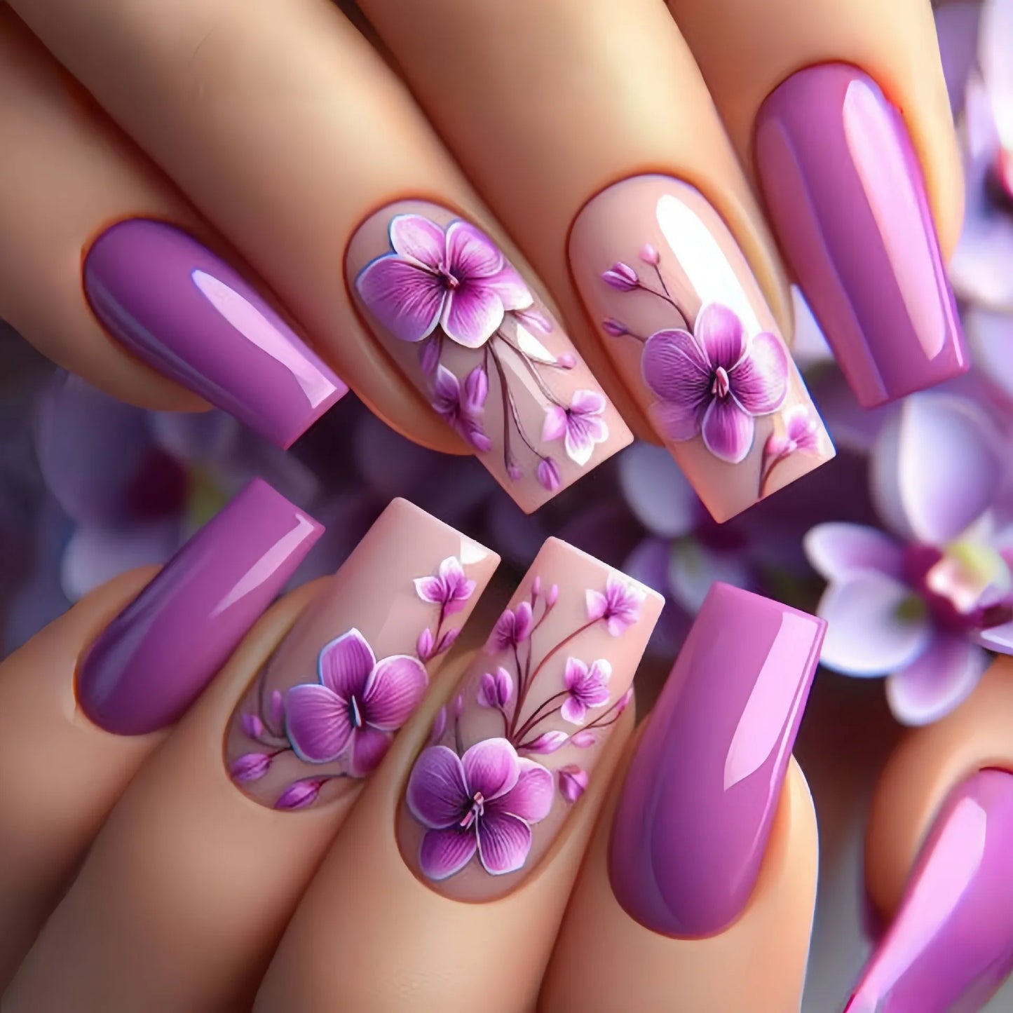 24pcs/set Medium long fake nails for women Spring summer flowers butterfly bee design faux ongles tips