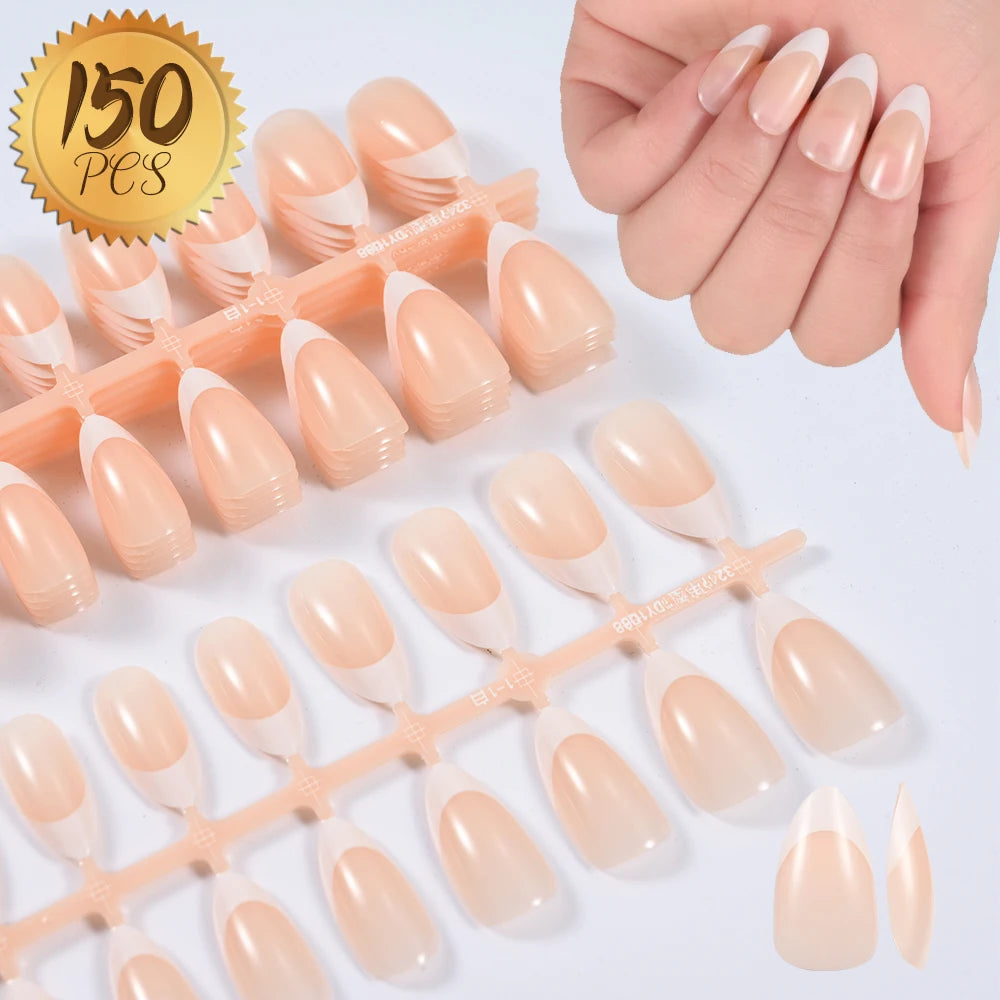 360/150pcs/box Nude Pink Almond French False Nails White Tip Design Short Wearing Fake Nails