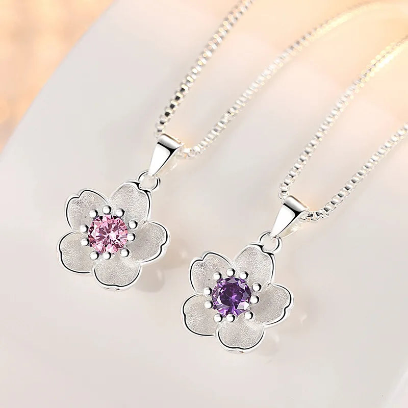 925 Sterling Silver Pink Purple Peach Blossom Necklaces For Women Retro Luxury Jewelry