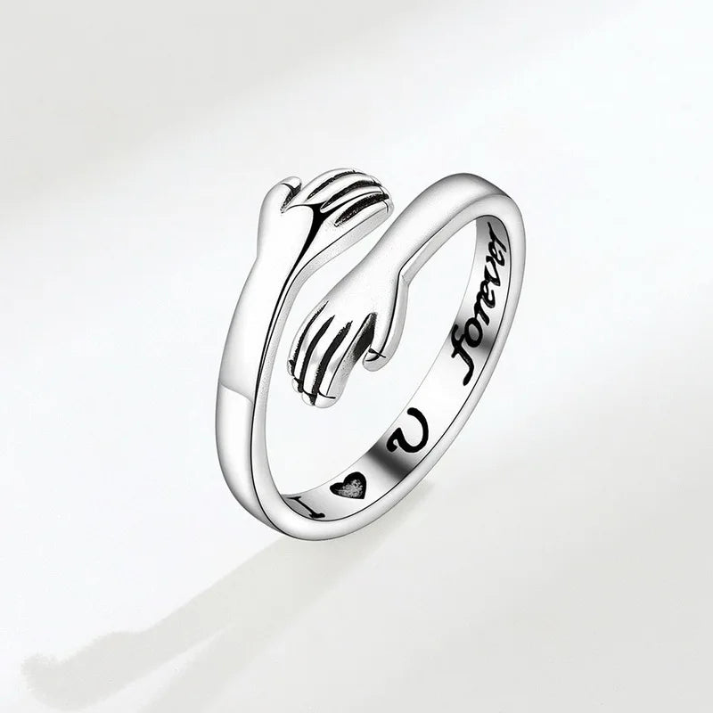 Romantic Love Hand Hug Rings For Women Silver Plated I love U Forever Opening Finger Ring