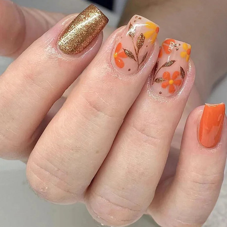 24Pcs Short Almond Press-On Nails Pink Floral French Tip Glossy&Elegant Full Cover Fake Nails