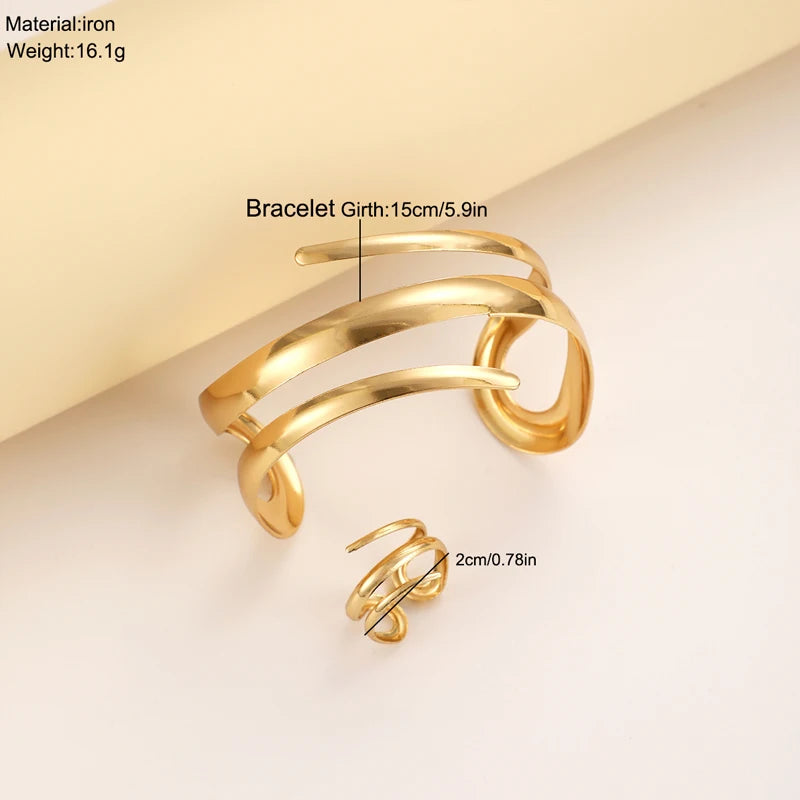 European And American Thick Bracelet And Ring Jewelry Set For Women Gold Color Geometric Line bracelets