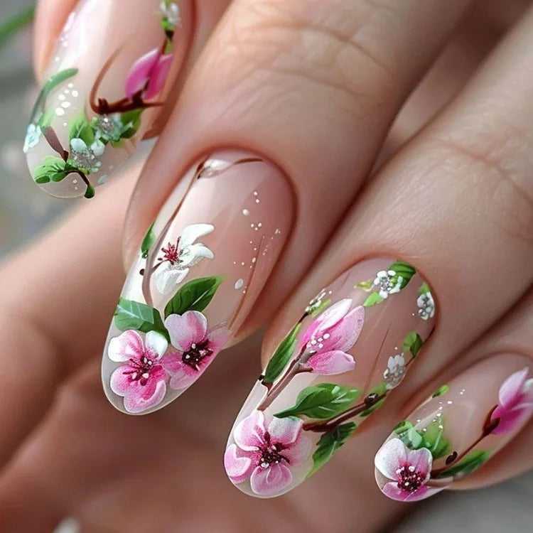 24pcs/set Medium long fake nails for women Spring summer flowers butterfly bee design faux ongles tips