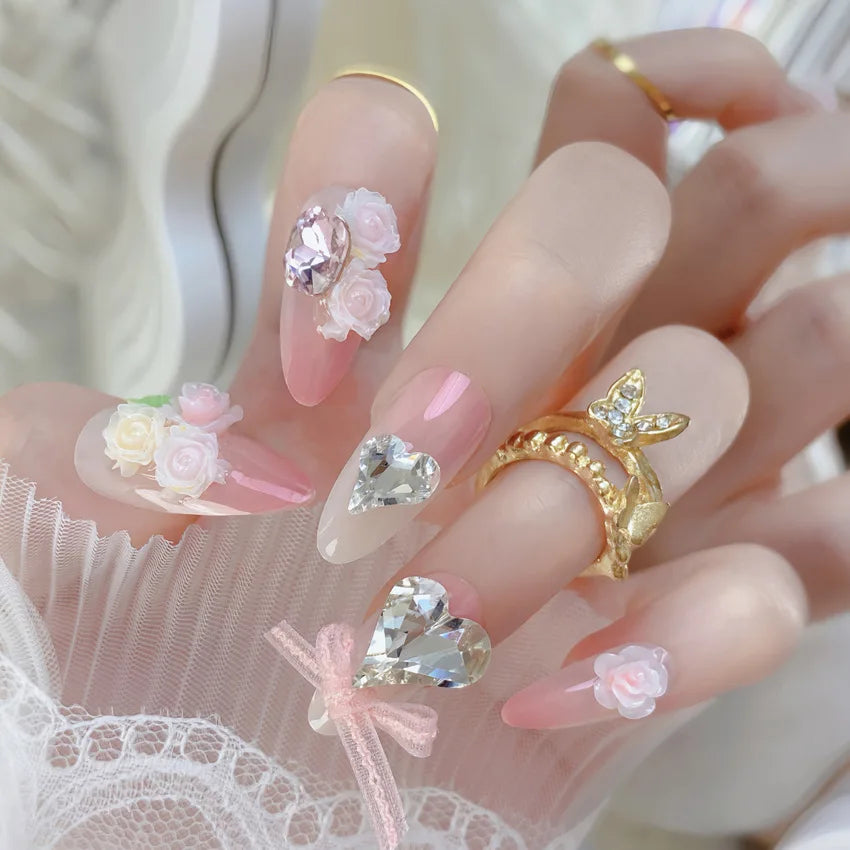 24Pcs Short Almond Press-On Nails Pink Floral French Tip Glossy&Elegant Full Cover Fake Nails