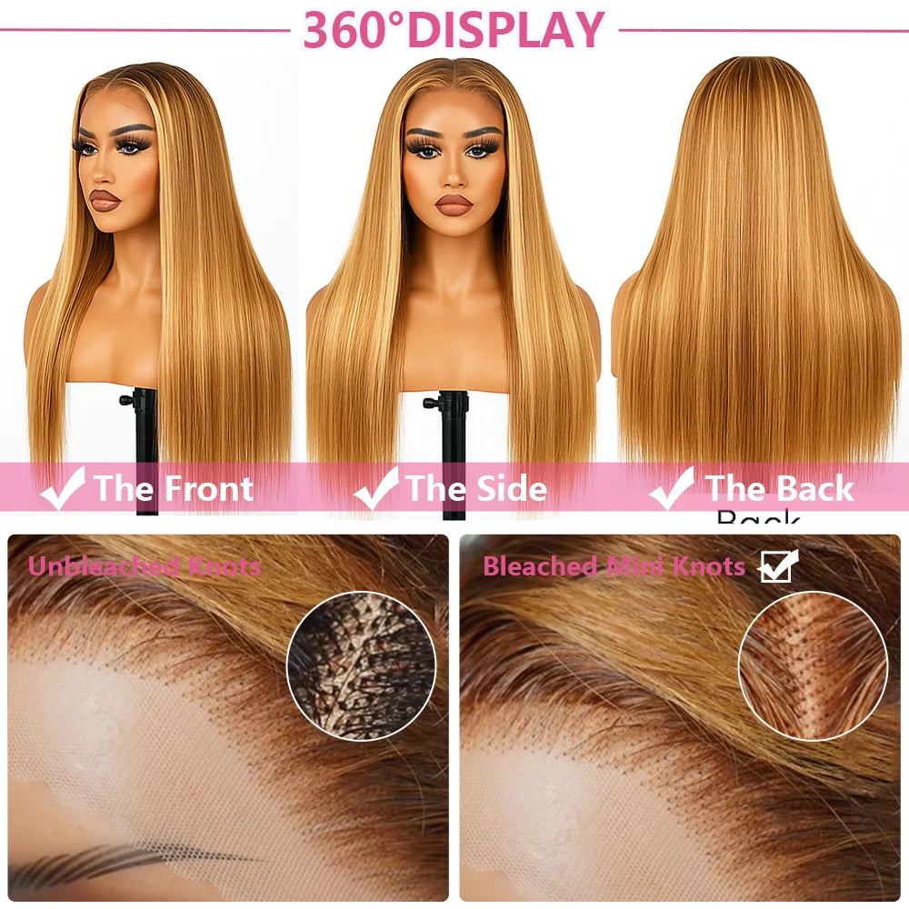 P4/27 Highlight Omber Blonde Colored Wigs Human Hair 30 Inch High Density 13x4 Bone Straight Lace Front Wig Human Hair Brazilian